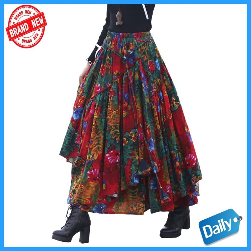Cotton Linen Maxi Skirt Elastic Waist Pleated Retro Long A-Line